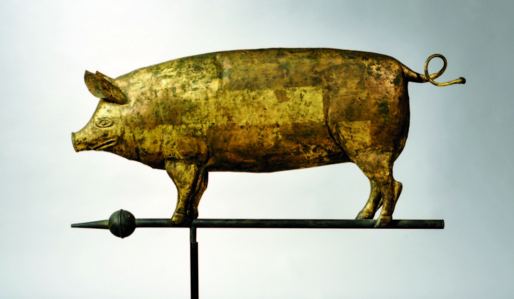 Although its maker was not identified, this flattened full-body pig weathervane brought the highest price of the many fine weathervanes in the sale. It earned $30,750.