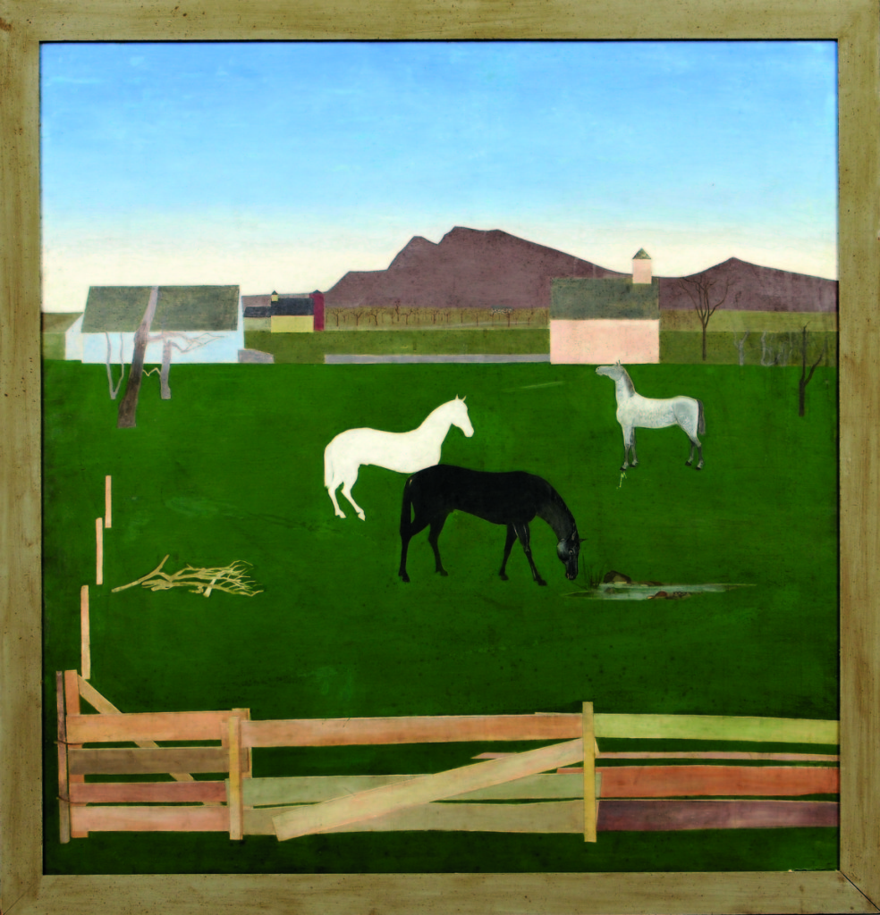 “Horses in a Pasture” by Stefan Hirsh. The unsigned oil on plywood panel was identified by a handwritten note on the reverse. It had been in the collection of sculptor Robert Laurent, and it sold for $39,975.