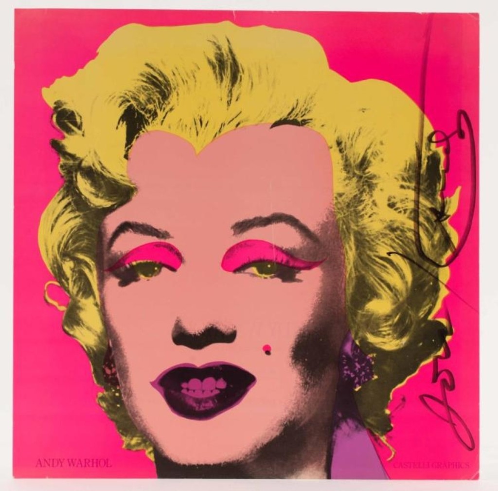 An invitation to “Andy Warhol a Print Retrospective 1963–1981” at New York’s Castelli Graphics, featuring a limited edition lithograph of “Marilyn Monroe, 1967” and signed “Jon/Andy” sold for $9,600. It is an iconic image, reproduced countless times.