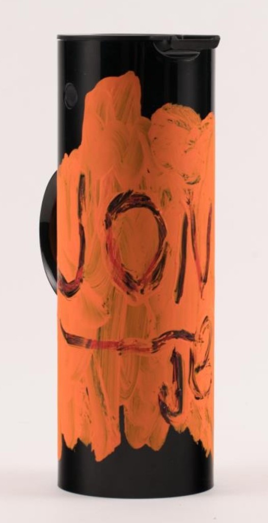 A thermos bottle, a gift to Jon Gould from Jean-Michel Basquiat, attained $8,400. The abstract design included the artist’s initials and “Jon.”