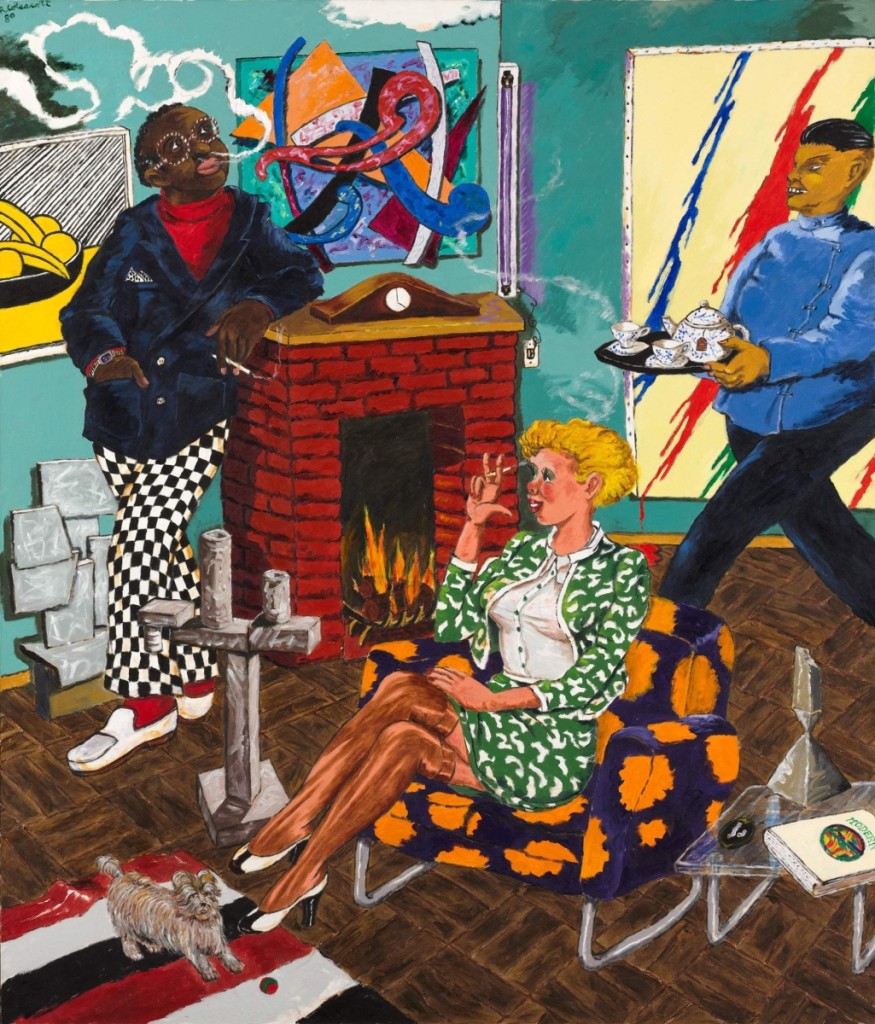 “Tea for Two (The Collector)” by Robert Colescott (1925–2009), 1980. Acrylic on canvas. Cleveland Museum of Art