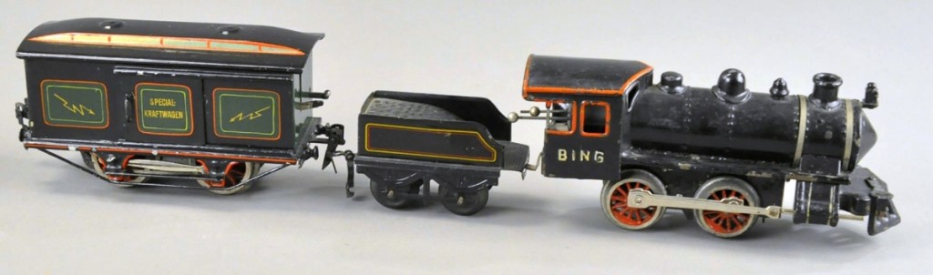 The Bing Windcutter Loco and Marklin Electric Car, 8 inches long, the wrong tender, sold for $2,280, well over the $800 high estimate.