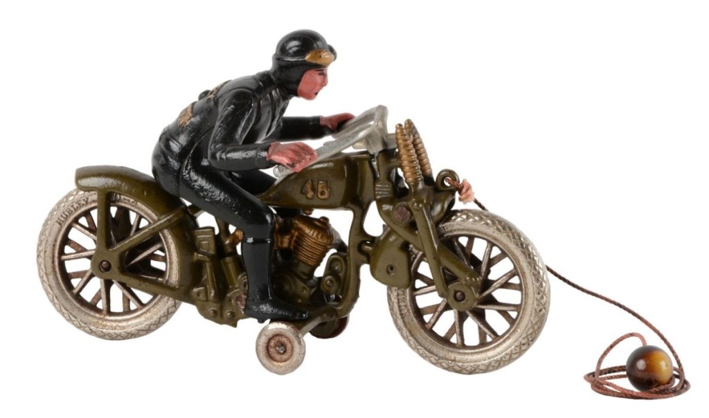 A Hubley cast iron hill climber motorcycle finished as the third highest lot in the sale at $33,210. It was in near-mint to mint condition and was sold by Morphy in 2008 as part of the Andy Huffer toy motorcycle collection. It was all original and Morphy believed it to be one of the finest examples known.