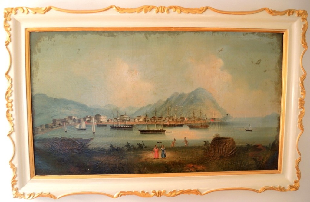 The top lot in the sale, this scene of a Hong Kong harbor in a repainted frame sold to a phone bidder for $8,260.