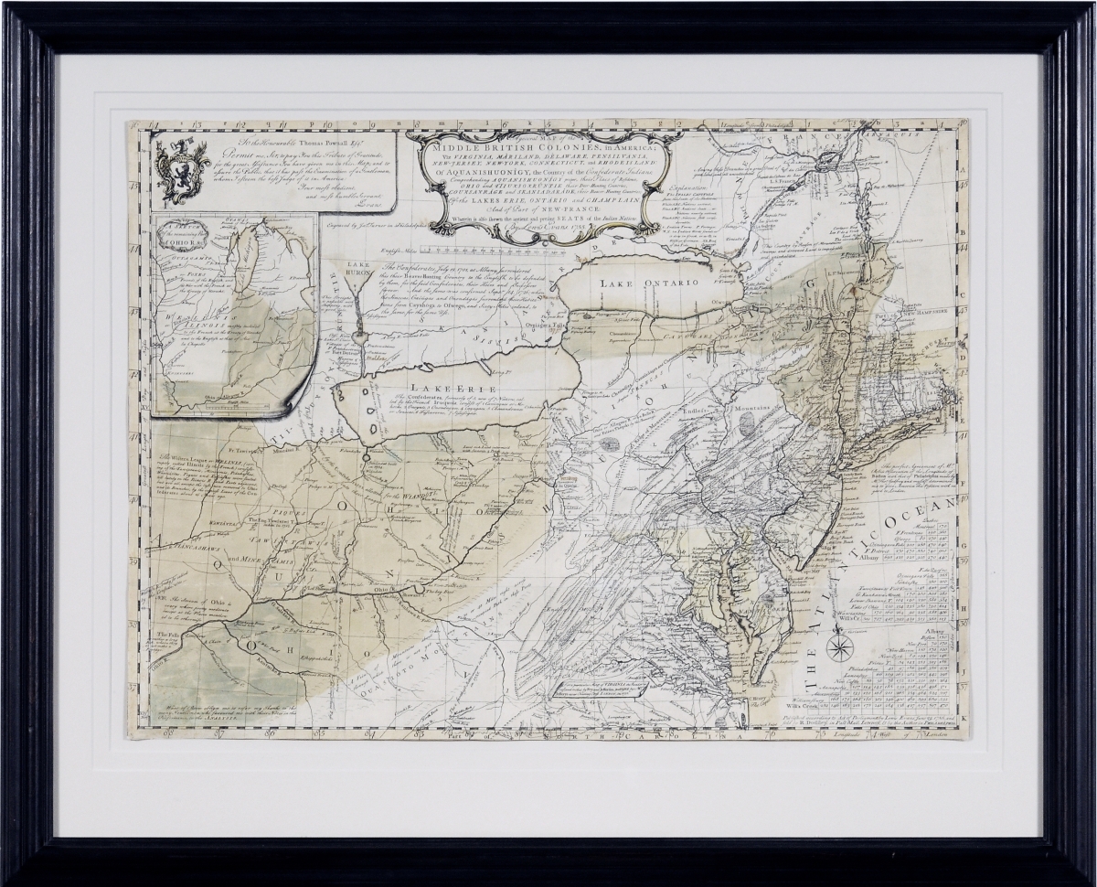 Bringing $102,000 was “A General Map of The Middle British Colonies, in America; Viz Virginia, Mà riland, Dèlaware, Pensilvania, New-Jersey, New-York, Connecticut, And Rhode Island,” 1755, by Lewis Evans (circa 1700–1756); James Turner (1722–1759), engraver; Robert Dodsley (1703–1764), publisher.