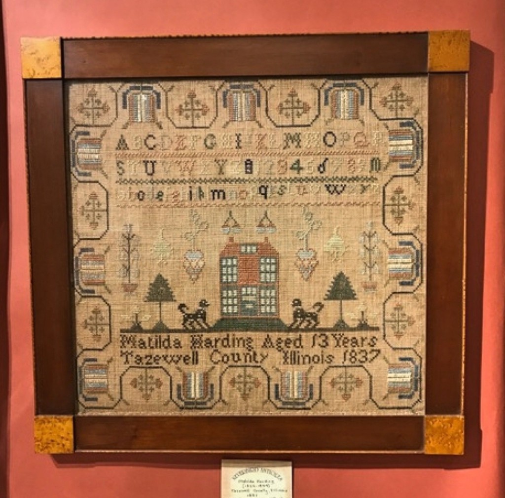 A sampler stitched by Matilda Harding, 13 years old, in Tazewell County, Ill., 1837, at Neverbird Antiques, Surry, Va.