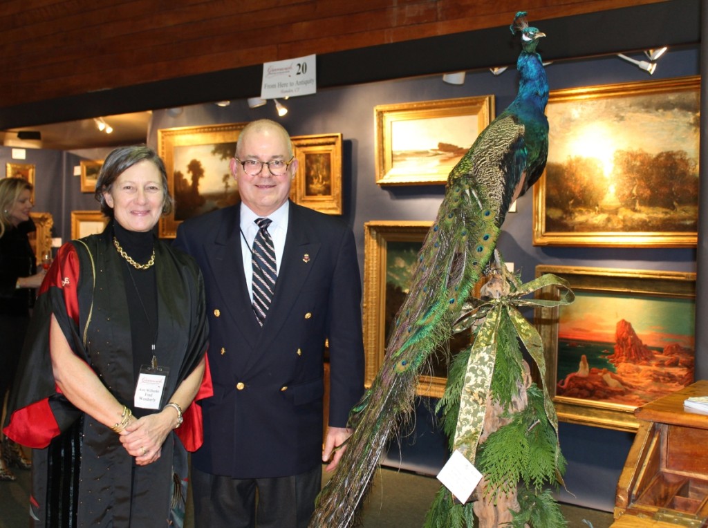 Standing proudly next to their peacock are Ann Wilbanks and her husband, George, of Find Weatherly, Stamford, Conn. Ann was getting as many compliments about her bespoke jacket as for the peacock. The jacket is made from antique kimono silks by a woman from New Orleans who, according to Ann, has the magical name Starr Hagenbring.