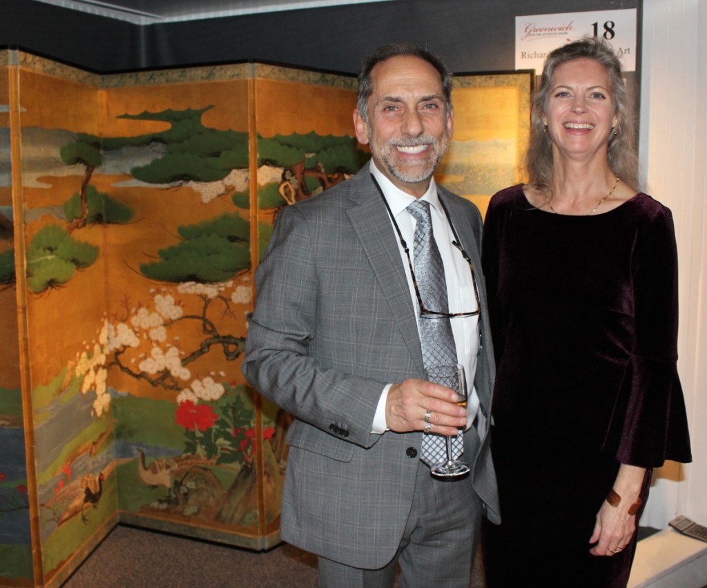 Barn Star Productions show managers Frank Gaglio and Lynn Webb are all smiles as the Greenwich Antiques Show preview crowd arrives.