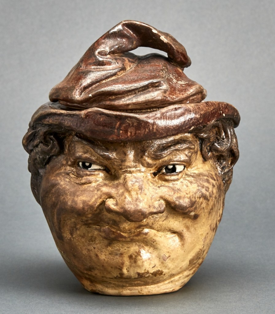 A particularly strong result was this Martin Brothers stoneware tobacco jar with cover, Robert Wallace Martin, 1911, sold for $10,000, ten times its low estimate.