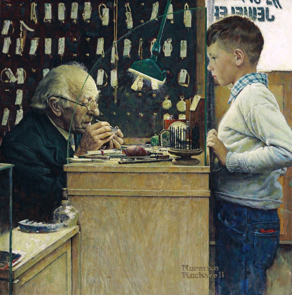 “What Makes It Tick? (The Watchmaker)” by Norman Rockwell (1894–1978), 1948, oil on canvas, 26¼ by 26 inches, $7,287,500 ($4/6 million). Christie’s