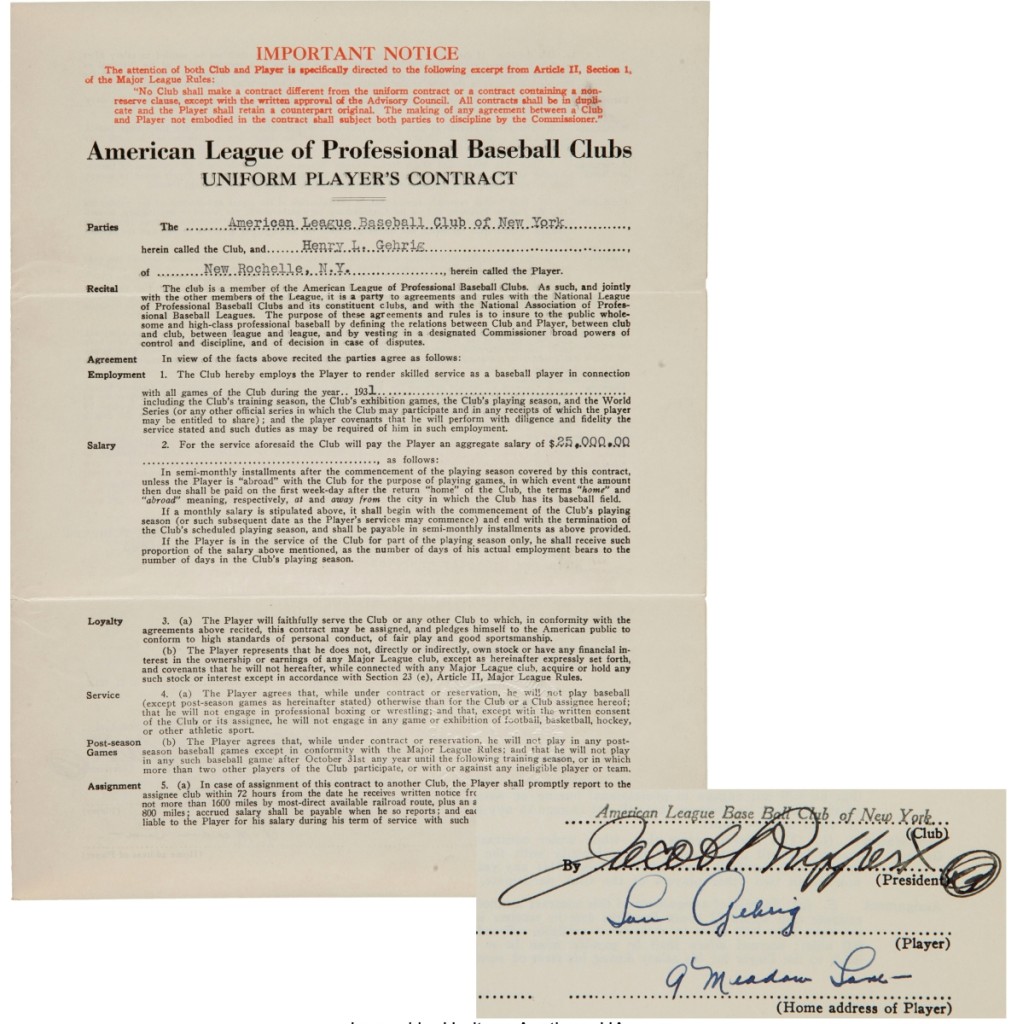 Lou Gehrig’s 1931 Yankees contract commanded $216,000, one of the top lots of the auction.