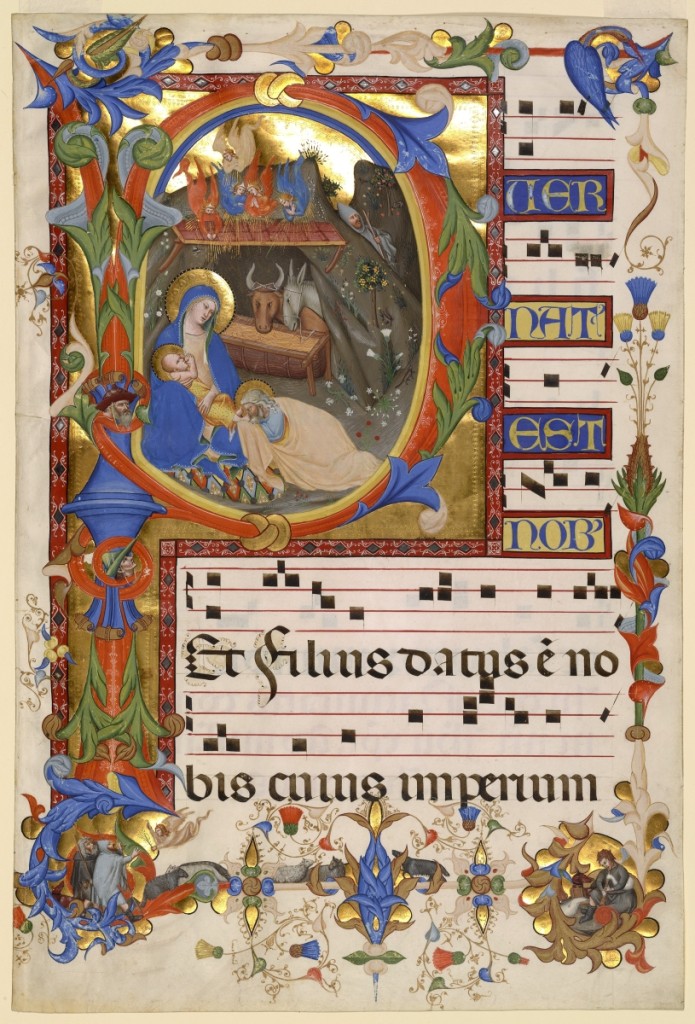“The Nativity (Christmas Day),” page from a Gradual, illuminated by Silvestro dei Gherarducci, Italian, 1392–99. Vellum. Morgan Library and Museum, purchased by J. Pierpont Morgan in 1909.