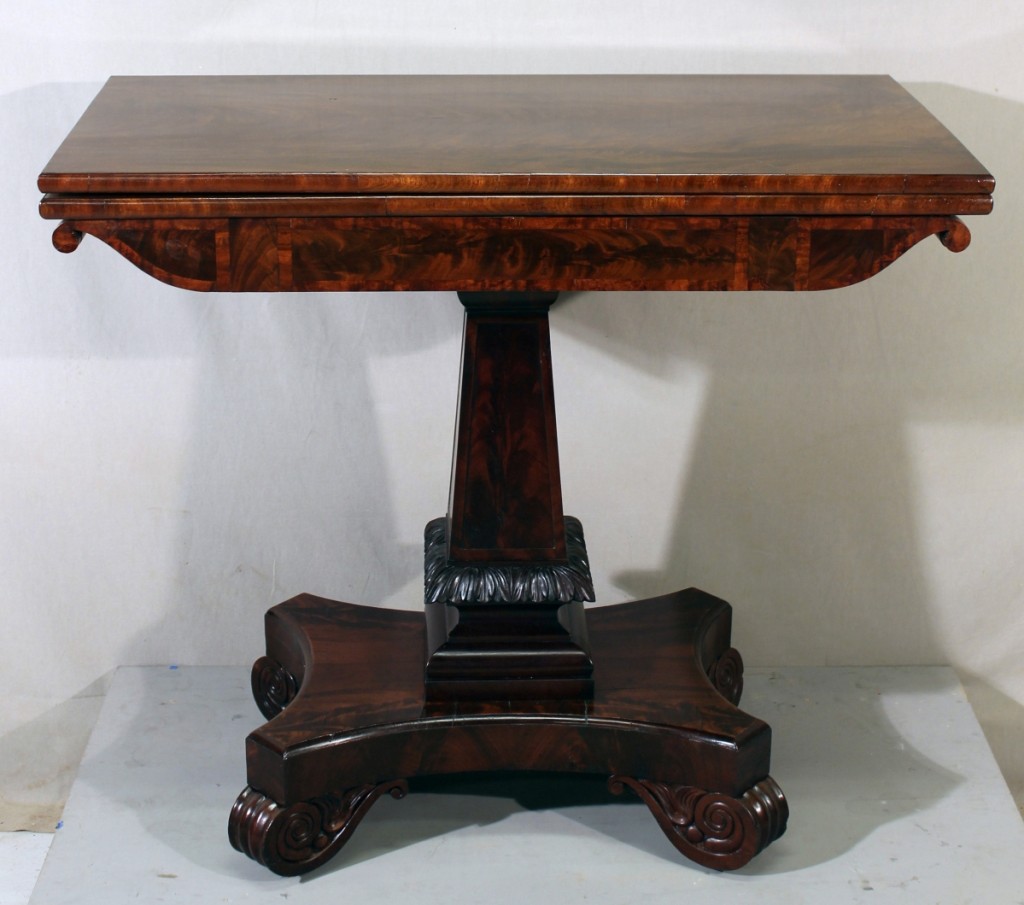 Grecian card table, attributed to Thomas Seymour, Boston,circa 1818, mahogany, ash, brass and iron;from the collections at The Old Manse (OM.SP.A.8)