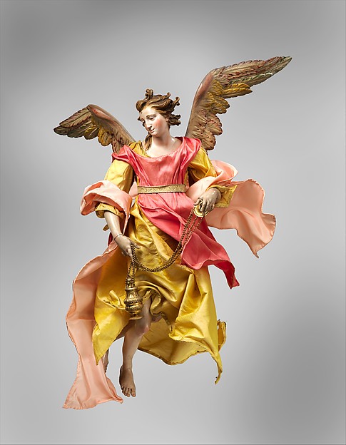 Giuseppe Sanmartino (Italian, 1720–1793), second half  Eighteenth Century, Naples, Italy, angel, polychromed terracotta head, wooden limbs and wings, body of wire wrapped in tow, various fabrics, 17 ¼ inches high. Gift of Loretta Hines Howard, 1964.