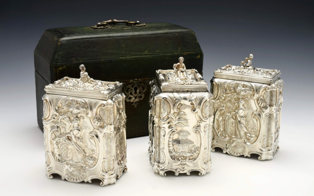 The Huntington Museum of Art in Huntington, W.Va., acquired this three-piece sugar and tea caddy set in the tea-pickers pattern by Huguenot-trained Royal goldsmith Thomas Heming (1722–1801), who made the set in 1757. It belonged to Queen Elizabeth II and, more recently, the American bibliophile Robert Pirie (1934–2015). —John Spurlock photo