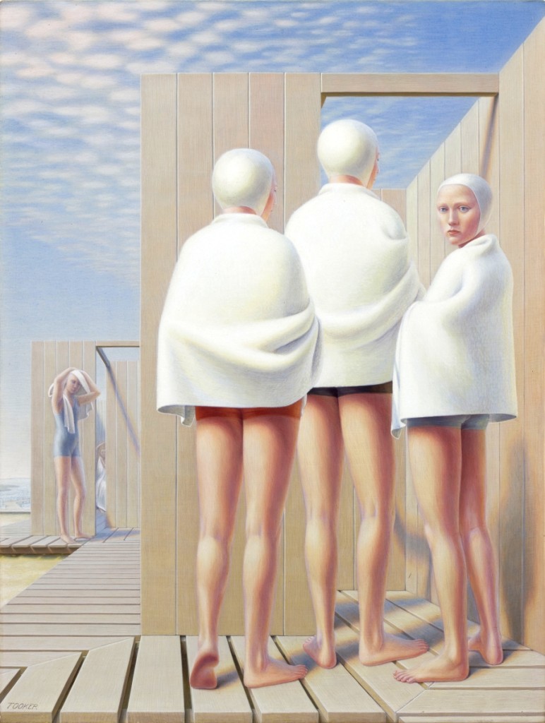 “Bathers (Bath Houses)” by George Tooker (1920–2011), 1950. Egg tempera on gessoed board. The Huntington Library, Art Collections and Botanical Gardens