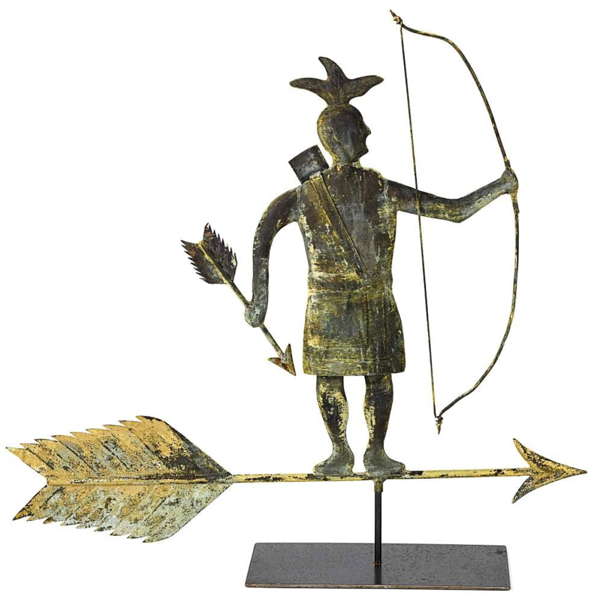 This Nineteenth Century Harris & Company weathervane depicts the Wampanoag sachem Massasoit (circa 1581–1661), who collaborated with the Plymouth Colony elders. Measuring 35 inches tall, the molded copper figure with traces of gilt and verdigris on its weathered surface was the sale’s top lot, crossing the block at $20,740 ($18/$25,000).