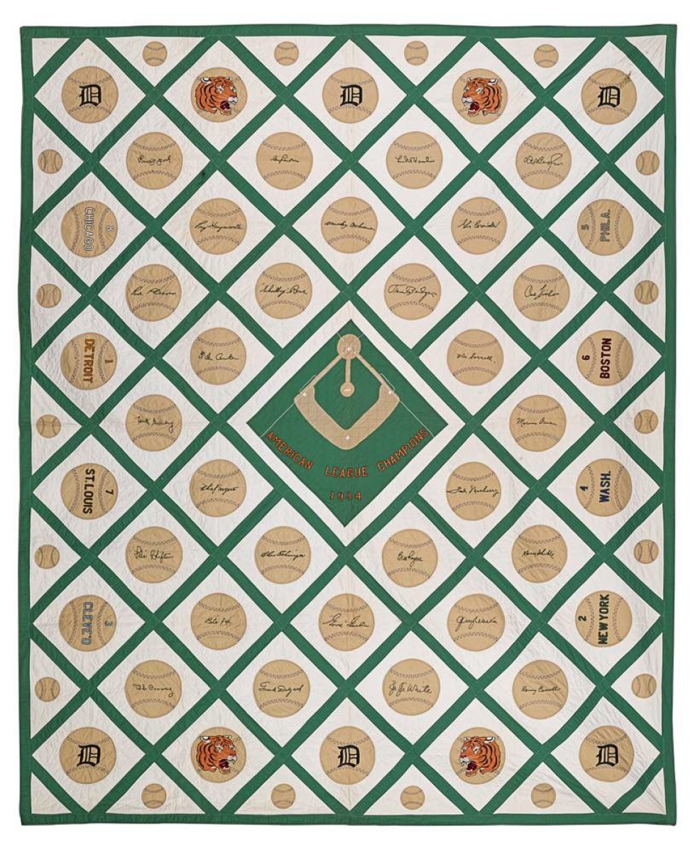 Pook hit it out of the park with this baseball-themed quilt, a favorite of company appraiser and auctioneer Jamie Shearer. Dedicated to the 1934 American League Champion Detroit Tigers, the $19,520 ($10/12,000) autograph-style bed covering, which went to a museum, is embroidered with the signatures of the team’s 28 players, among them Hank Greenberg.