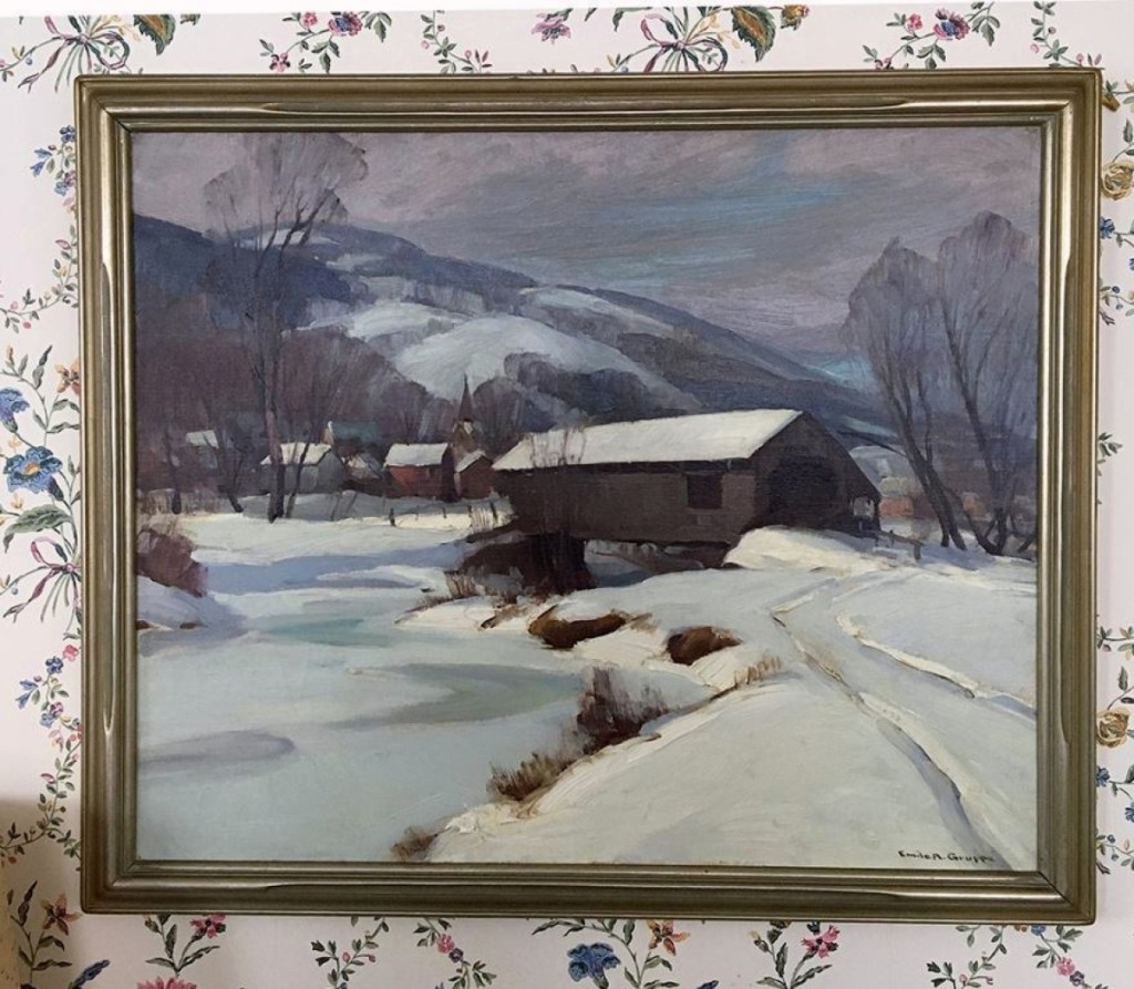 One of the higher prices of the day was earned by this New England winter scene with a covered bridge. It had been done by Emile Gruppe and finished at $5,750.