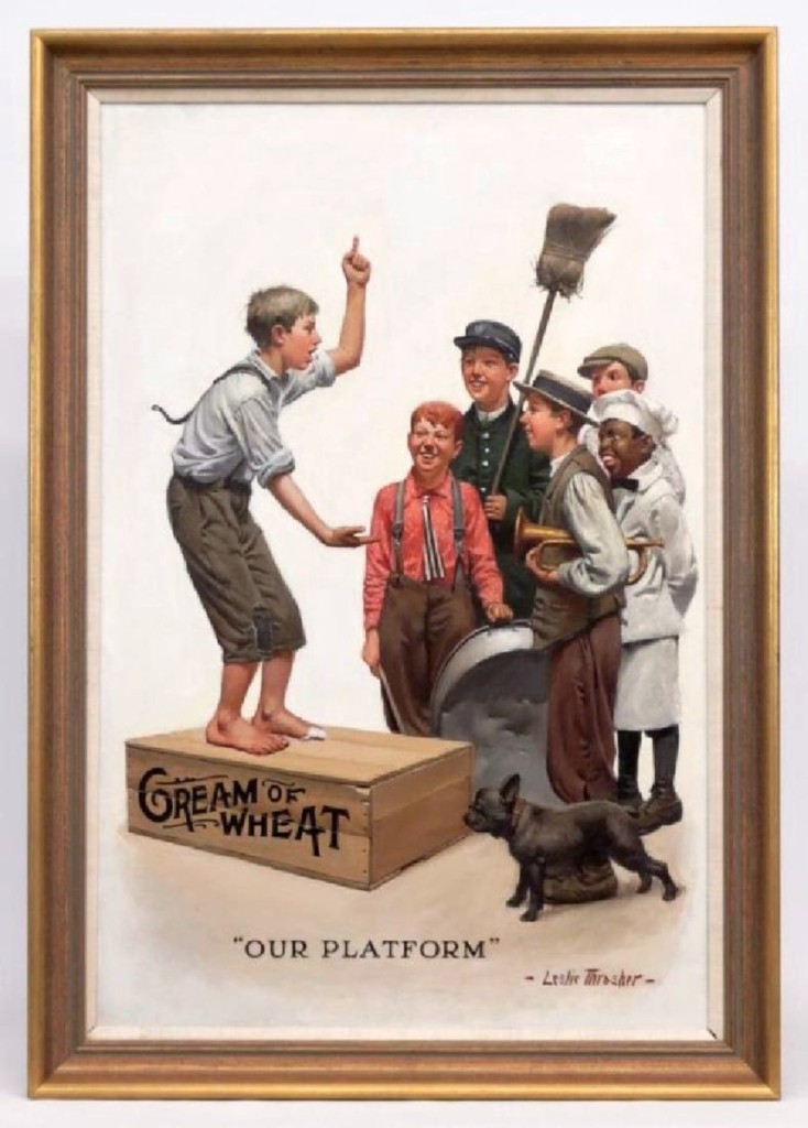 A real rabble-rouser, this original advertising oil on canvas painting by Leslie Thrasher was a top earner from the Cream of Wheat collection, finishing at $10,030. It featured Tom Sawyer on a Cream of Wheat box making proclamations to his friends, including the brand’s signature Rastus character.