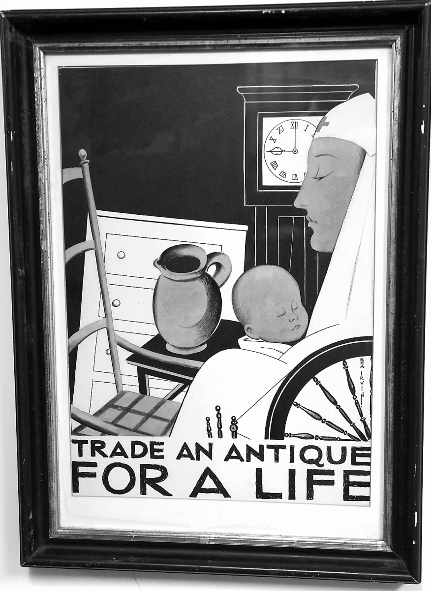 Photograph of the original auction poster that is back in town after being discovered at Brimfield. —Bee Photo, Greg SmithThis advertising flyer, printed by The Bee Publishing Co., is pasted on the reverse of the original framed poster.
