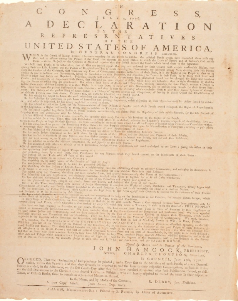 This copy of the Declaration of Independence, which had provenance from the renowned collector Mrs J. Insley Blair, was the only lot sold during the week to hit the million-dollar mark when it closed at $1,185,000. —Sotheby’s Manuscript Americana