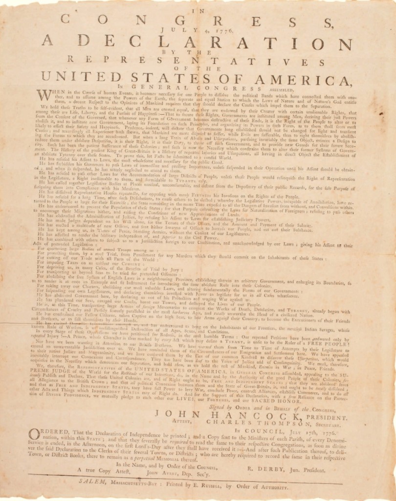 This copy of the Declaration of Independence, which had provenance from the renowned collector Mrs J. Insley Blair, was the only lot sold during the week to hit the million-dollar mark when it closed at $1,185,000.   								                —Sotheby’s Manuscript Americana