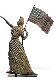 A rare and important painted and molded copper Goddess of Liberty weathervane, possibly J.L. Mott Ironworks, New York, circa 1880 ($100/150,000). —Sotheby’s