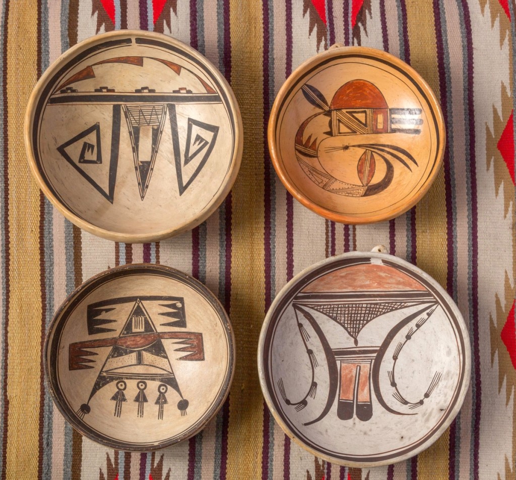 Four bowls by Nampeyo, the Hopi potter who revived and interpreted ancestral designs.