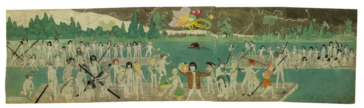 From the collection of Marjorie and Harvey Freed, this double-sided drawing by Henry Darger topped Christie’s cataloged session devoted to self-aught artists. The session’s cover lot, this 81-inch-long work on his signature theme, the Vivian Girls, topped out at $672,500, making it the second most costly Darger at auction.                                                                                                —Christie’s Outsider and vernacular art