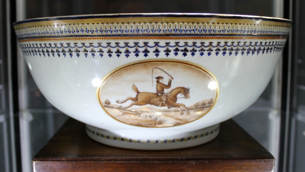 To the hunt! This equestrian-themed punch bowl, circa 1790–1800, featured sepia roundels after European prints of the period. Such pieces were popular in the mid-Atlantic and Southern states, according to Polly Latham, Boston, where an English lifestyle was emulated.