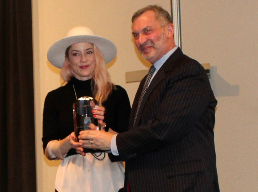 Accepting the award on behalf of her father, Wendell Castle, was his daughter Alison, shown here with Wunsch Foundation president Peter Wunsch.
