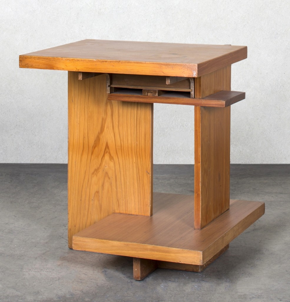 Frank Lloyd Wright (American, 1867–1959), end table with one drawer for the Misses Charlcy and Gabrielle Austin’s “Broad Margin” House, Greenwood, S.C., circa 1951, tidewater cypress. Photo courtesy of Friedman Benda and Frank Lloyd Wright.  —Dan Kukl photo