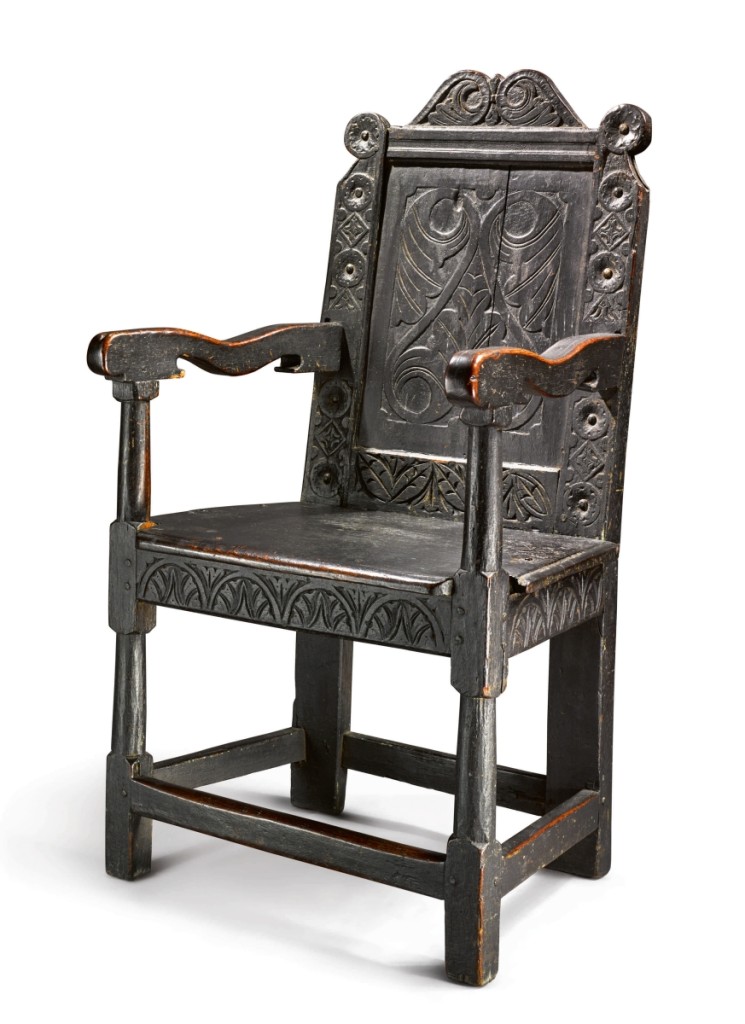 The important Mansfield-Merriam family Pilgrim century wainscot chair was front and center during the sale. Heavily advertised before the sale, it sold for $375,000 to a private collector.