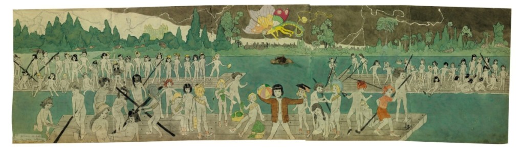 From the collection of Marjorie and Harvey Freed, this double-sided mixed-media work on paper by Henry Darger (1892–1973) topped Christie’s cataloged session of Outsider and vernacular art, selling for $672,500 ($200/400,000).