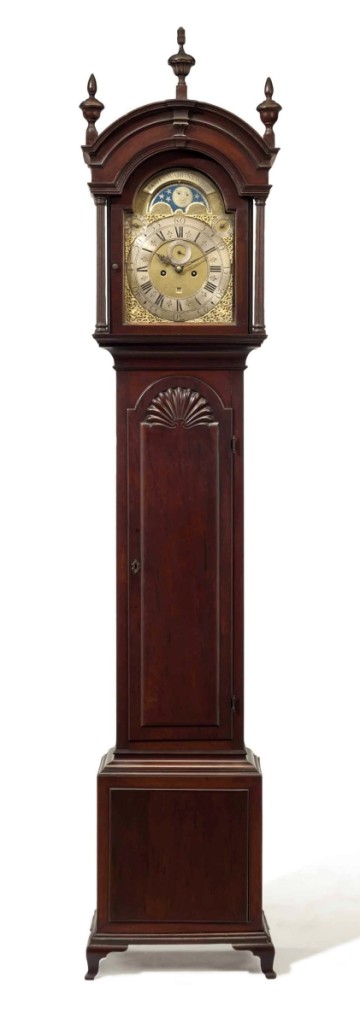 “It’s a premium clock by a supremely important maker, and it has survived intact in great condition,” Gary Sullivan said of this Newport, R.I., block and shell tall case clock with works by James Wady (d 1759). The Massachusetts dealer bought the Hunter-Dunn family timepiece of 1750–59 for $612,500 ($ 00,000). Christie’s last auctioned the clock for $442,500 in 2000.
