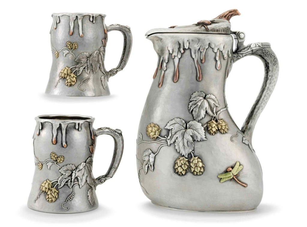 This japanesque mixed-metal ale drinking set, $112,500 ($50/70,000), is by Tiffany & Co. French important marks suggest it may have been shown by the firm at the 1878 Paris Exposition.