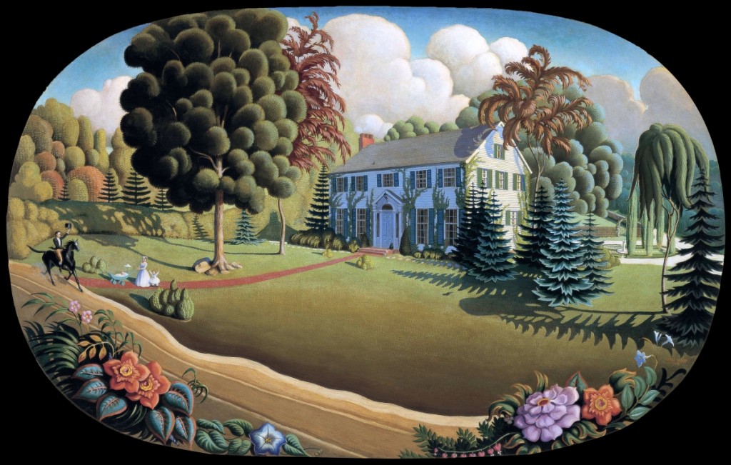 Overmantel decoration, 1930. Oil on composition board, 41 by 64 inches. Cedar Rapids Museum of Art. ©Figge Art Museum, successors to the Estate of Nan Wood Graham/Licensed by VAGA, New York.      All designs are by Grant Wood, unless otherwise noted.