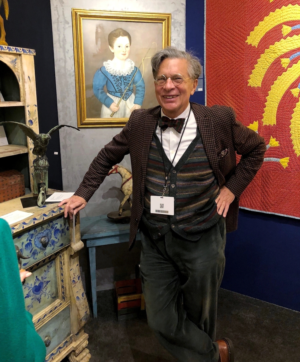 Boston dealer Stephen Score with a few of his favorite things. The pastel on paper portrait of young Edward Cooper, later the 83rd mayor of New York City, is by Micah Williams.