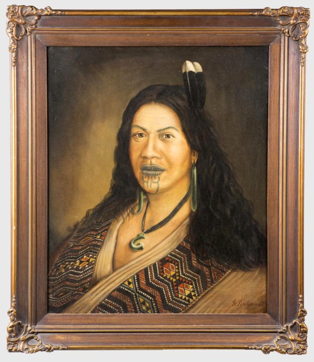 The highest price of the sale was earned by an unusual, striking portrait of a Maori princess painted by Gottfried Lindauer (New Zealander, 1839-1926). The artist was known for his paintings of Maori leaders and village life, many of which hang in museums in New Zealand. A bidder in Australia paid $21,600 for the painting.