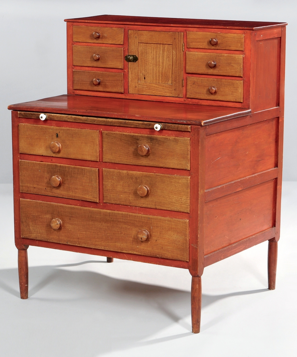 Probably from the Alfred, Maine, community, a red painted maple and butternut desk was the highest priced lot in the sale, finishing at $67,650. It was very similar to one illustrated in The Complete Book of Shaker Furniture.
