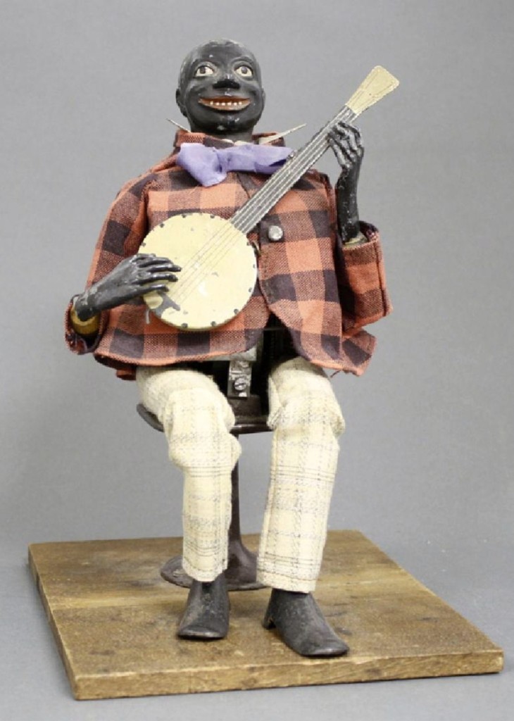 Jerome Secor’s seated banjo player brought a good result at $12,000. Secor’s clockwork toys were too expensive for children in the 1870s and 1880s, relegating them to the realm of adult toys.