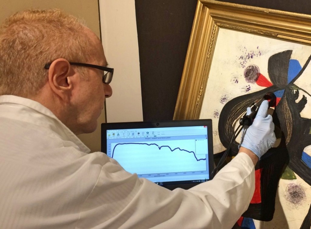 The heavy hitter in Bruce Wood’s modern-day, high-tech arsenal is a near infrared spectrometer, which is used to identify the components of paints, inks, canvas and paper.