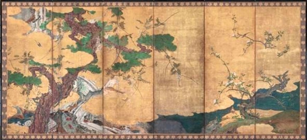 “Birds and Flowers” by Hasegawa Tohaku (Nobuharu), circa 1582, six-panel folding screen, ink, color and gold on paper. Dian Woodner Collection, New York.