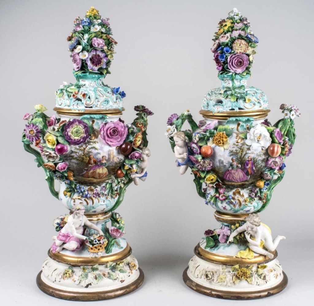 Pair of Meissen Style Porcelain Urns - Each with domed cover and flower finial, Height 27 inches