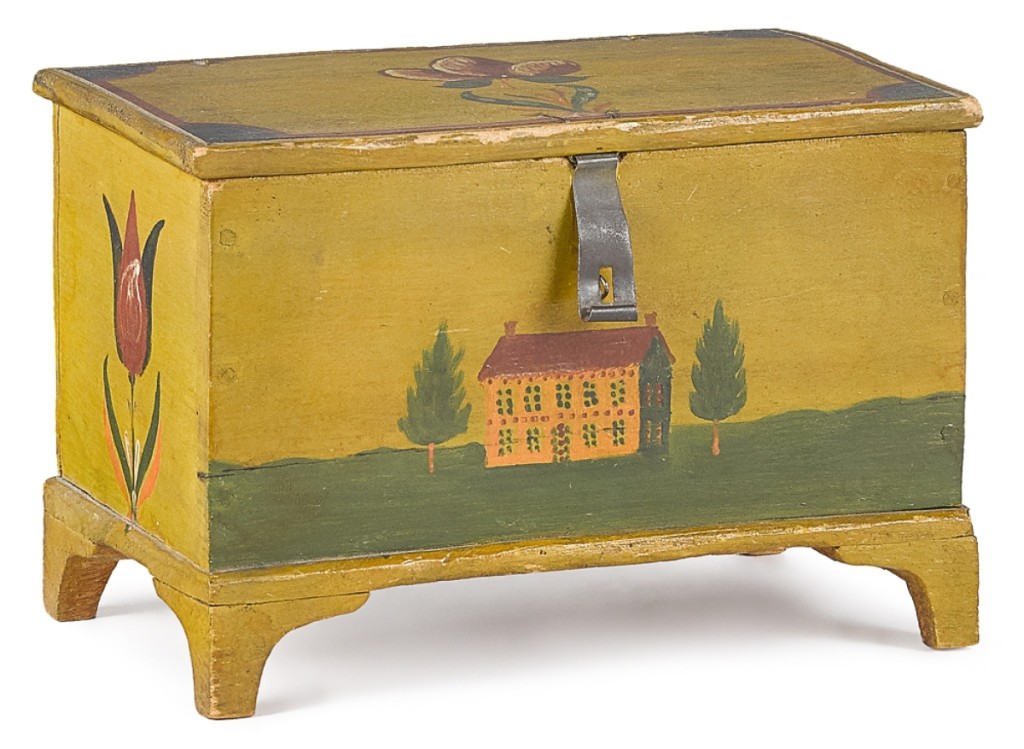 The belle of the box ball, this was the highest priced Weber box in the sale as it brought $48,800 from a phone bidder. On a yellow ground, the box was dated 1850 and measured 4-  by 7-  inches.