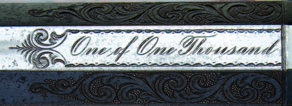 Engraved “One of One Thousand,” a model 1873 Winchester rifle was one of the first rifles to be identified as a result of the search for these “ultra rare and desirable rifles” by Universal Pictures as publicity for its Western Winchester 73” starring Jimmy Stewart. Its provenance is well documented, and the rifle brought $230,000.