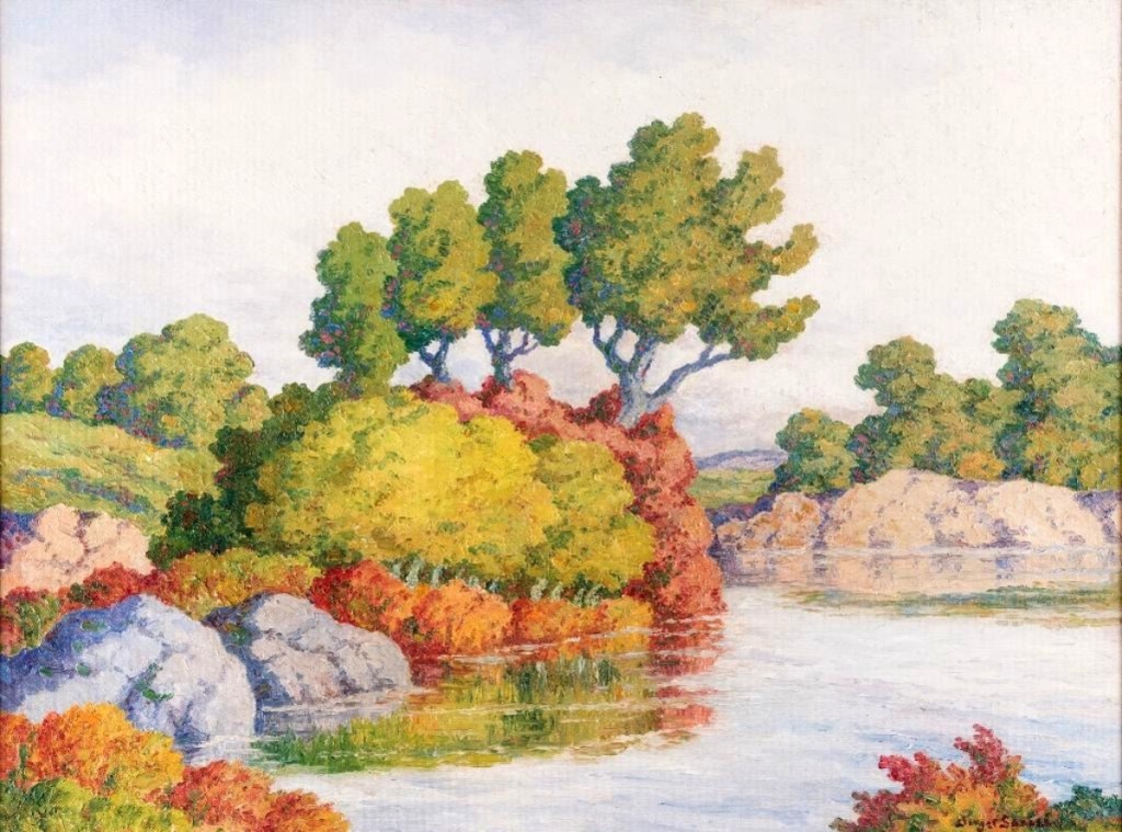 “Autumn” by Birger Sandzen (1871–1954), oil on board, 36 by 48 inches, $60,500 ($60/80,000). Inscribed “Smoky River Hill, Birger Sandzen, Lindsborg, Kans. 1952”.