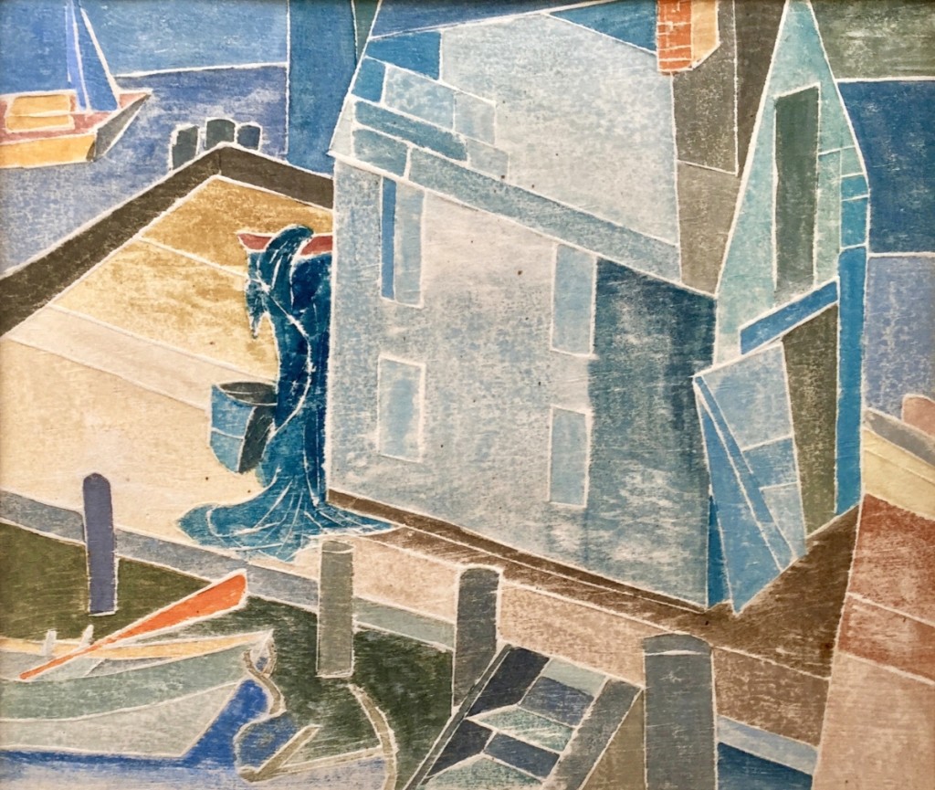 “Wharf House” by Angele Myrer (1896–1970), 1954, Block XVI #1,   white-line color woodblock print, 8 by 9½ inches. Myrer was one of the   Provincetown Printers and a student of Blanche Lazzell. This print sold   for $2,563 in Bakker’s December 2017 sale.