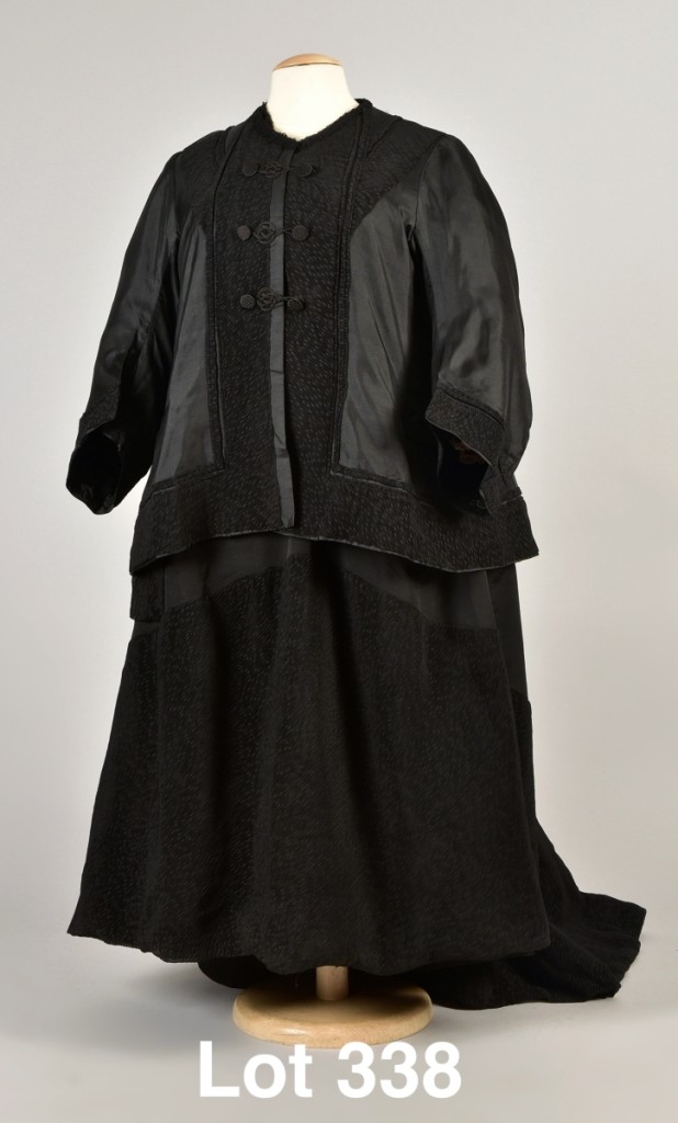 Queen Victoria’s three-piece black broadcloth silk day ensemble, in meticulous condition and complete with a small white silk patch at the back to help staff know when garments needed cleaning, sold for $37,200 at Charles O. Whitaker’s New Hope auction April 28. This piece was the top lot of the day.